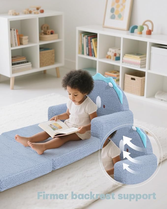 MOONBEEKI 2-in-1 Foldable Toddler Couch, Soft Sherpa Fabric with Washable Cover, Convertible Sofa to Lounger, Kids Sofa for Playroom, Bedroom, Living Room, Birthday Gift, Ages 1-3, Blue Triceratops