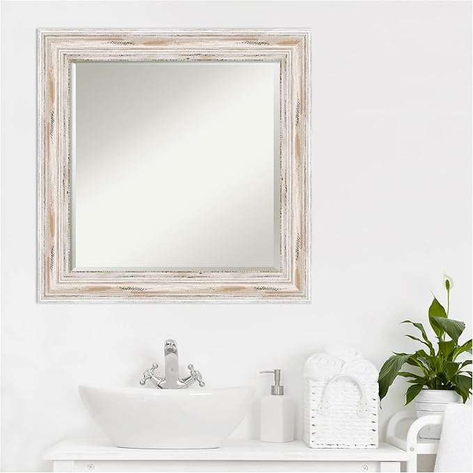 Amanti Art White Bathroom Mirror for Over Sink, 25x25 Alexandria White Wash Square Vanity Mirror, Medium Coastal Wood Frame, Hangs Horizonally and Vertically, Bathroom Wall Decor, Beveled Edge from WI