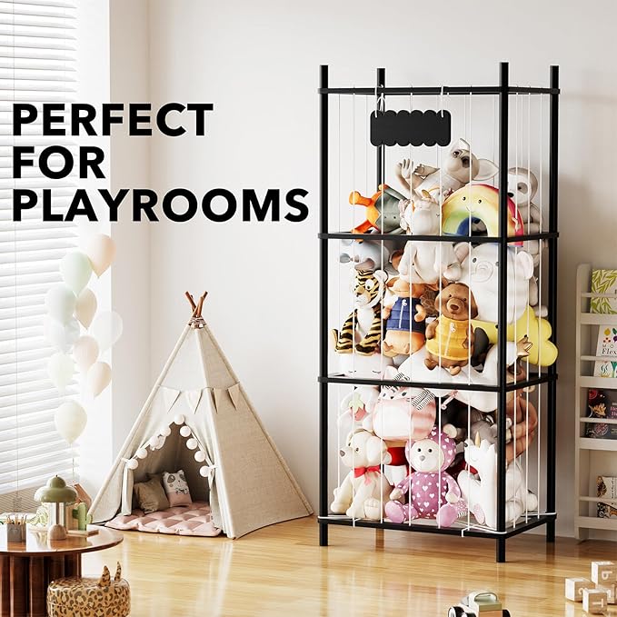 SpaceAid Stuffed Animal Storage Organizer, Wood Animals Zoo Toy Plushies Storage Holder, Large Capacity Plush Toy Cage for Playroom Organization, 22.8" Wide, Black