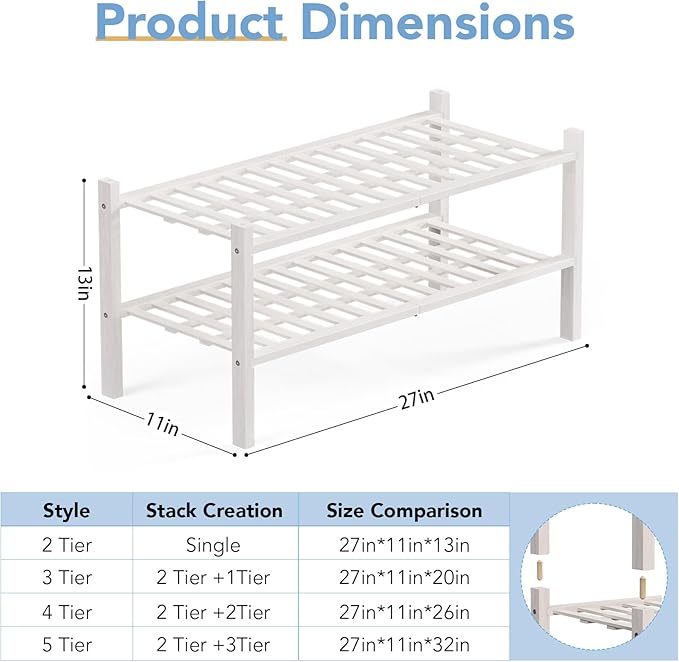 Haddockway 2 Tier Bamboo Shoe Rack Storage Organizer, Multifunctional Free Standing Stackable Shoe Shelf with Grid Panel for Closet,Hallway,Entryway,Small Space 27"x11"x13" (White, 2 Tier)