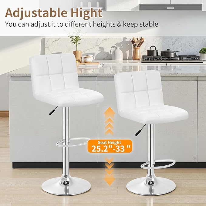 BestOffice Bar Stools Set of 2, Adjustable PU Leather Swivel Barstools, Modern Counter Stools with Back and Footrest, Counter Height Barstools for Bar, Kitchen and Dining Room