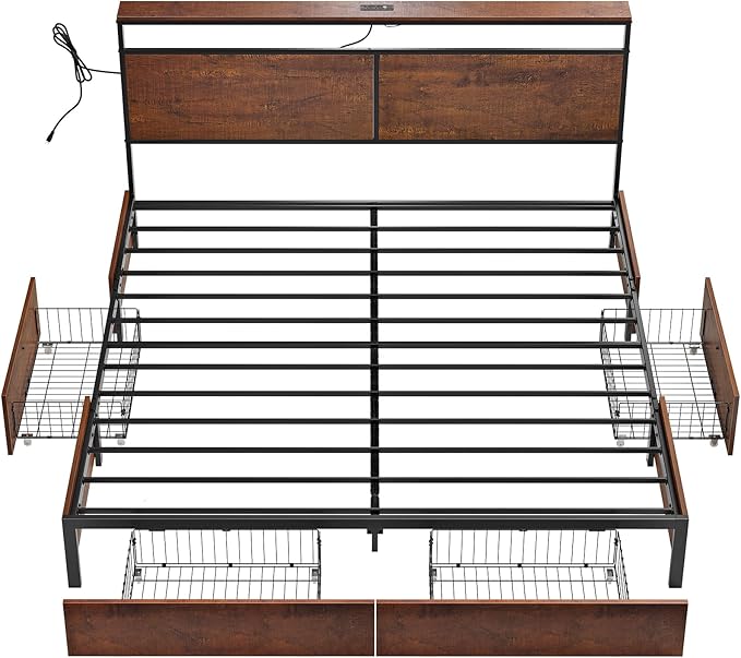 King Bed Frame with Storage Headboard and 4 Drawers Bed Frame King Size with Charging Station LED Lights Metal Platform Non-Slip Without Noise No Box Spring Needed