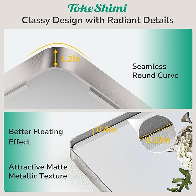 TokeShimi 24x32 Brushed Nickel Bathroom Mirror,Vanity Mirror for Bathroom with Tempered Glass,Rectangle Bathroom Wall Mirror with Aluminum Frame(Horizontal/Vertical)