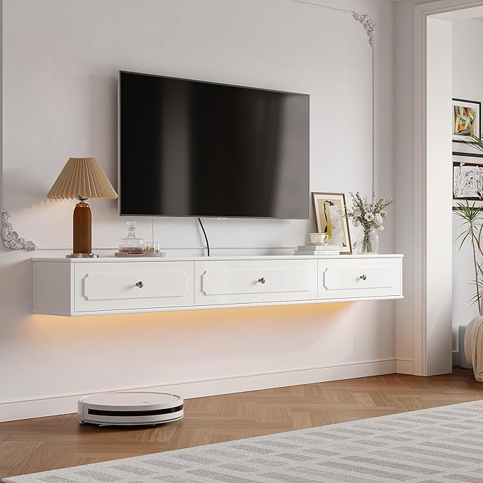 Retro Floating TV Console with 3 Doors,47'' High Gloss Floating TV Stand,Wall Mounted TV Cabinet,Contemporary Floating Media Console for Under TV Storage,Living Room,Bedroom(White)