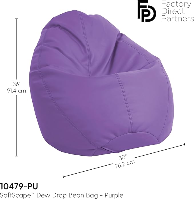 FDP SoftScape Dew Drop Bean Bag Chair with Supportive High-Back Design, For Kids, Teens and Adults, Alternative Seating for Dorms, Schools, Libraries, Daycares or Home - Purple