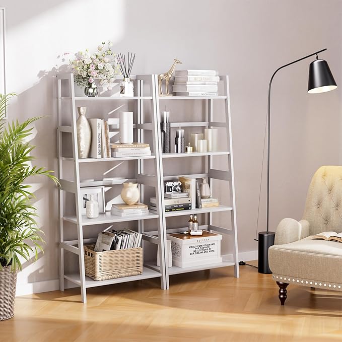 HITNET Ladder Shelf, 4 Tier Bookshelf, Floor Standing Bathroom Storage Rack with Bamboo Frame, Home Office Open Display Bookcase, White
