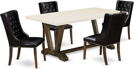 East West Furniture V727FO749-5 5 Piece Dining Set Includes a Rectangle Dining Room Table with V-Legs and 4 Black Faux Leather Upholstered Parson Chairs, 40x72 Inch, Multi-Color