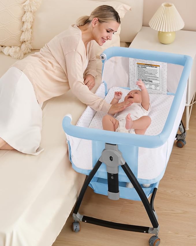 3 in 1 Baby Bassinet, Bedside Crib with Breathable Mesh, Bassinet Bedside Sleeper with Wheels, Mosquito Net, Storage Basket, 6 Height Adjustable, Easy to Fold, Dark Black