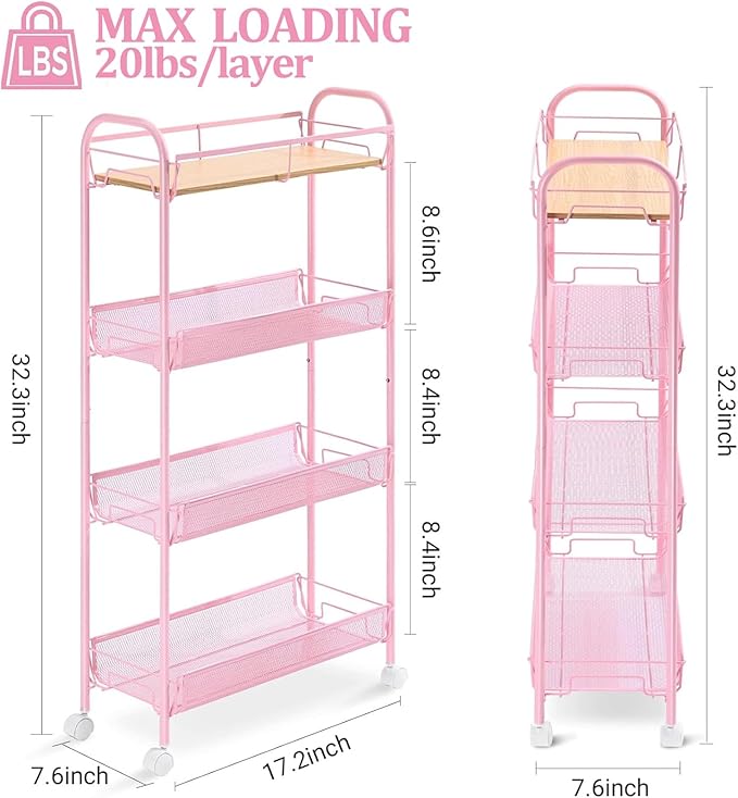 KINGRACK 4-Tier Slim Rolling Cart with Wooden Tabletop, Easy Assemble Metal Utility Cart, Slide Out Narrow Storage Cart for Narrow Space on Bedroom Bathroom Laundry Room Apartments Dormitory, Pink