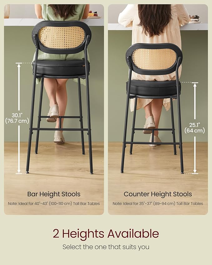 VASAGLE Bar Stools Set of 2, Bar Height Stools with Rattan Back and Metal Legs, 30.1-Inch Tall Counter Chairs, Modern Leather Upholstered Barstools for Kitchen Island Dining Room, Ink Black