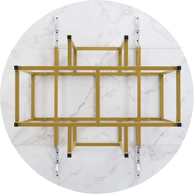 Merax 47.2” Round Dining Table Set for 4, Foldable Kitchen Dining Table with 11.8” Drop Leaves, Faux Marble Top with Golden Frame, 4 Upholstered Chairs (White+Black)