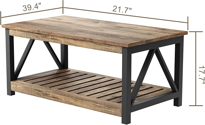 ChooChoo Farmhouse Coffee Table with 2-Tier Storage, 40-Inch Rectangular Wooden Center Table for Living Room, Rustic Oak & Black