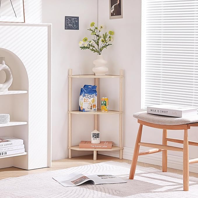 LITA Modern Wood Side Table, Triangular Accent End Table Plant Night Stand with Magazine Storage for Bedroom, Living Room, Bathroom, Natural, 3- Tier