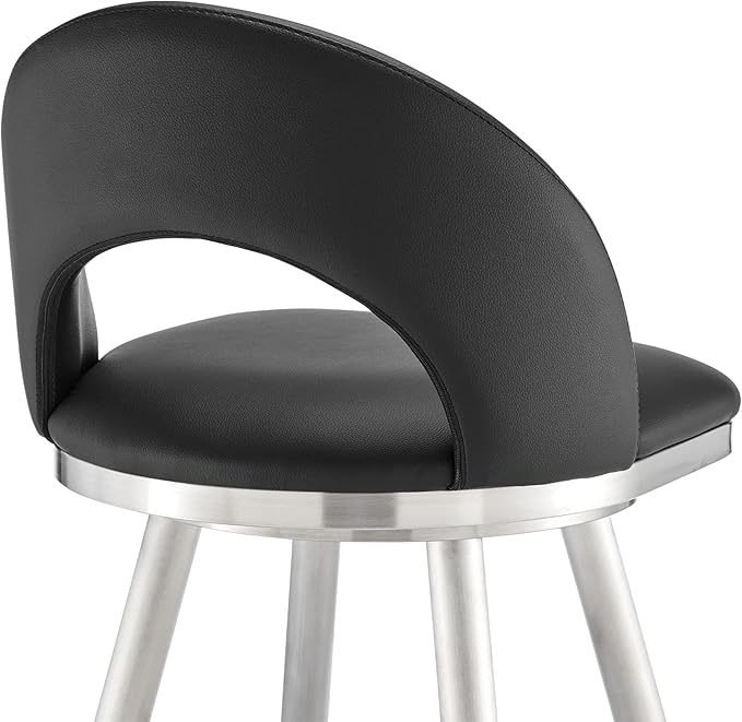 Armen Living Charlotte Swivel Bar Stool in Brushed Stainless Steel with Black Faux Leather