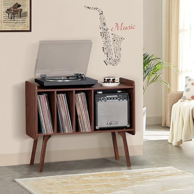 Lerliuo Record Player Stand with 4 Cabinet Holds Up to 220 Albums, Large Turntable Stand with Beech Wood Legs, Mid-Century Record Player Table,Walnut Vinyl Holder Storage Shelf for Bedroom Living Room