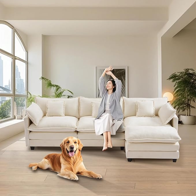 Furniliving 112‘’ L-Shaped Sofa, Luxury Chenille Modular Sectional Couches with Ottoman, Upholstered Deep Seat Sleeper Sofa with Memory Foam and Waist Pillows, Beige