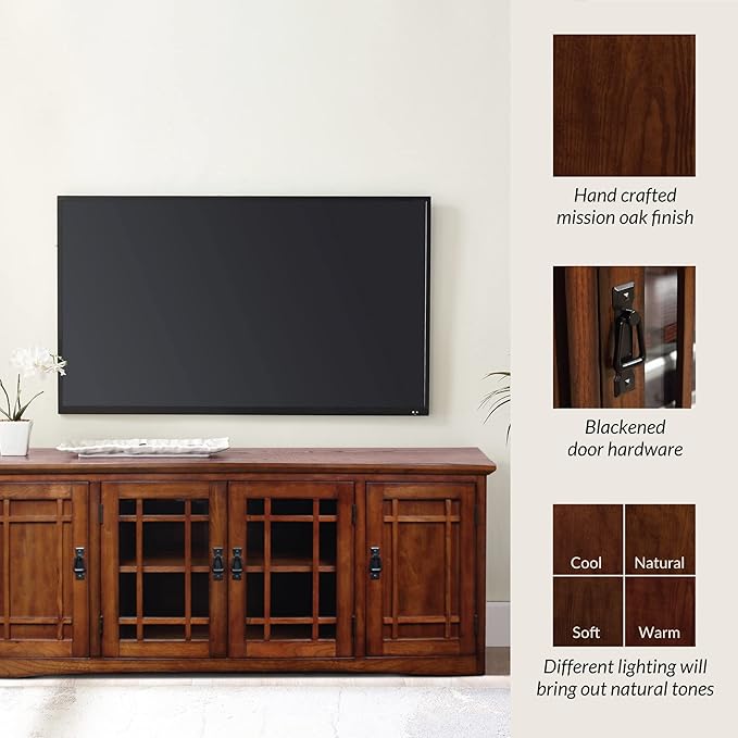 Leick Home 82360 Solid Wood Mission Oak Four Door TV Stand For 65" TVs Universal TV Console Living Room Storage Shelves Entertainment Center, Mission Oak