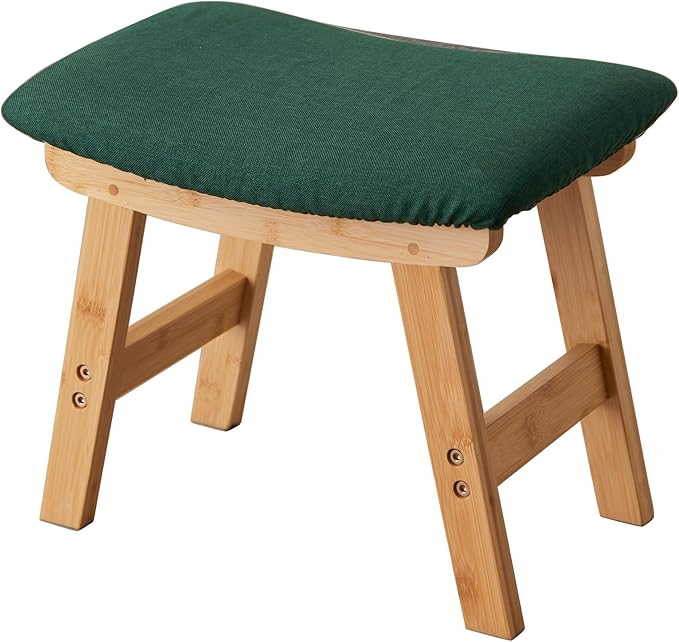 Foot Stool,Ottoman,Bamboo Small Sofa Foot Rest Under Desk,Extra Seating for Living Room, Bedroom and Kitchen (Natural Stool Legs - Green Surface)