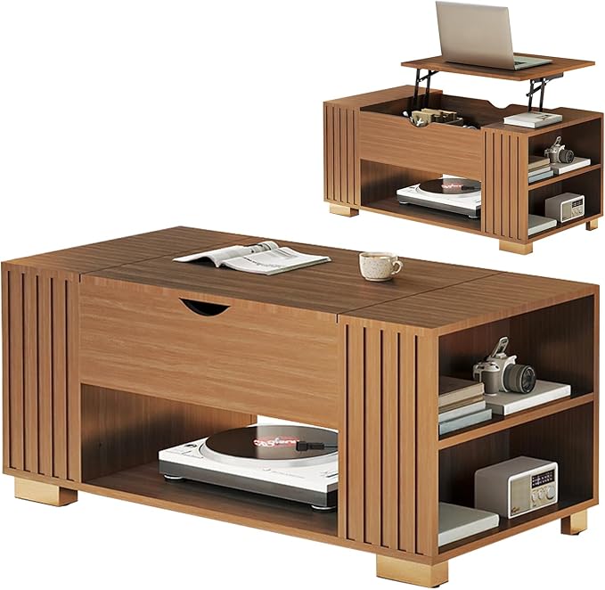 COMHOMA Lift Top Coffee Table for Living Room, 39" Center Table with Hidden Storage Compartment, Adjustable Wooden Tea Table for Small Spaces, Dark Walnut