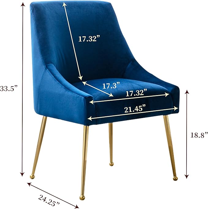 Modern Velvet Dining Chairs Set of 2, Contemporary Upholstered Furniture Collection with Polished Gold Metal Legs, Elegant Accent Chairs for Kitchen Living Room(Blue)