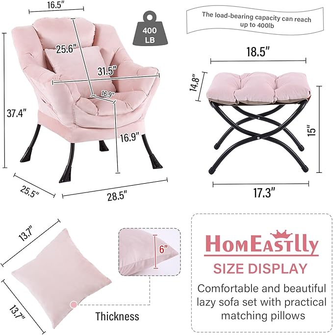 Large Lazy Chair with Ottoman, Accent Reading Chair with a Throw Pillow, Cozy Lounge Armchair, Leisure Sofa Chair for Living Room, Bedroom, Dorm, Velvet Pink