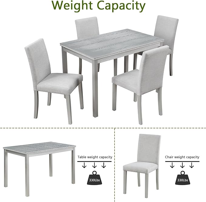 KEIKI 5-Piece Standard Height Dining Table Set with Rectangular Table and 4 Upholstered Chair, for 4 Person, Crystal Decoration Wooden Table Set, Easy Assembly, for Kitchen, Dining Room, Silver Grey