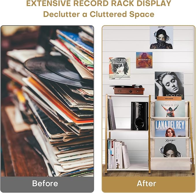 Stand for Record Player, 3 Tier Vinyl Record Storage with Now Playing Holder, Turntable Stand, Vinyl Display with Speaker Storage for Living Room, Gold White