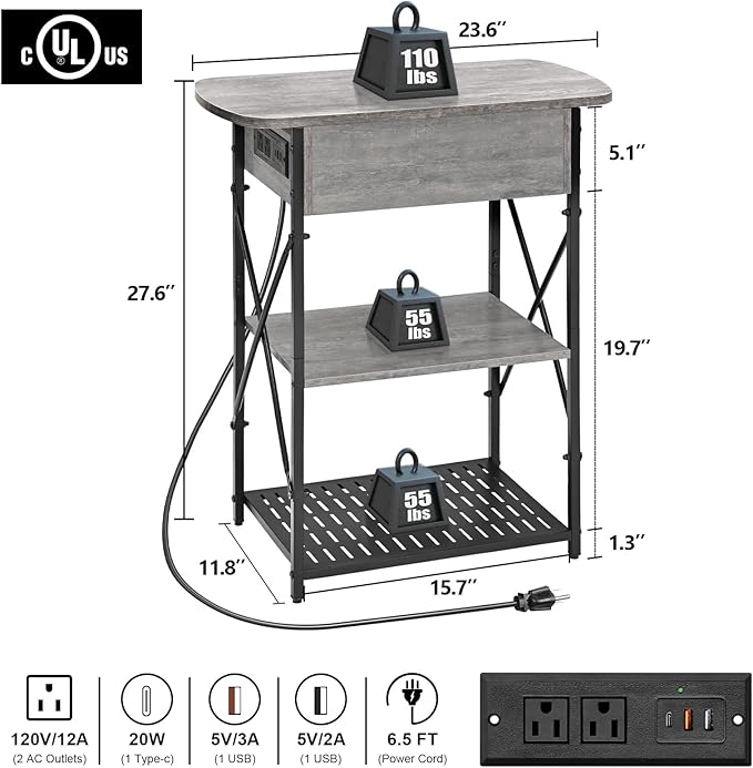 Narrow Side Table with Charging Station, End Tables Set of 2 for Small Spaces, Flip Top End Table with Storage, End Tables Living Room, Nightstand Set 2 with Drawer for Bedroom, Grey