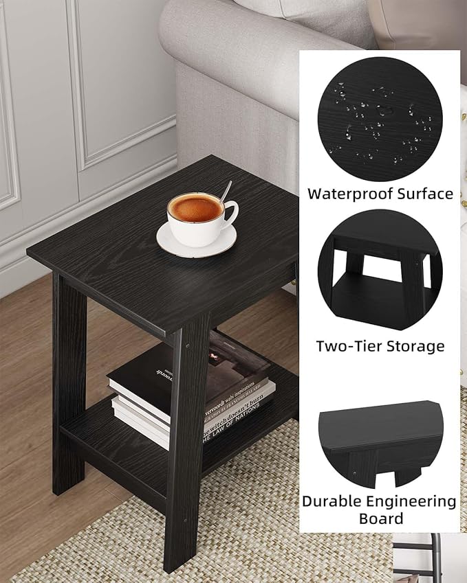 Garvee End Table, Side Table with 2-Tier Storage Shelf, Sofa Table for Small Space, Square Nightstand for Entryway, Farmhouse, Living Room, Easy Assembly, Black