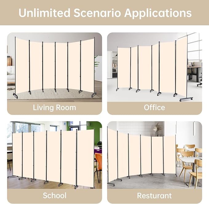 Room Divider 6 Panel Room Dividers/Wheels, Fabric Room Divider Panel for Office Room Partitions and Dividers, Portable Partition Wall Divider for Room Separation, Privacy Screen (Cream, Wheel-132'')