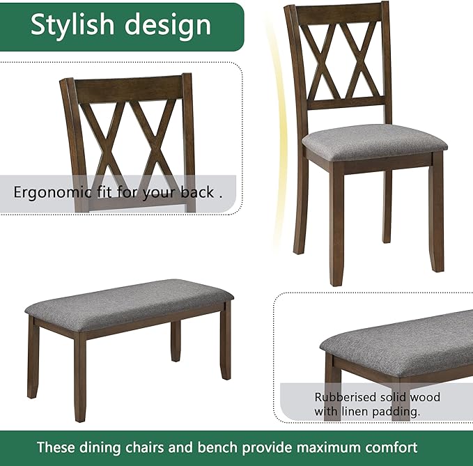 soges 6 Piece Kitchen Dining Set, Rectangular Wooden Dining Table with 4 Upholstered Chairs and a Bench, Morden Dining Table Set for 6 People, Living Room, Home and Kitchen, Walnut
