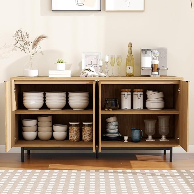 Vipbear Modern TV Stand for 65 Inch TV,Entertainment Center with Storage Cabinets and Adjustable Shelves, Media Console Table, Wood Television Furniture for Living Room, Bedroom, Natural Wood