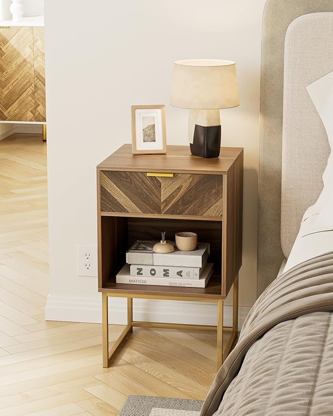 Nightstand,Modern Night Stand Boho Farmhouse Wood Bedside Table with Storage Drawer and Open Shelf,Side End Table for Bedroom,Living Room,Walnut