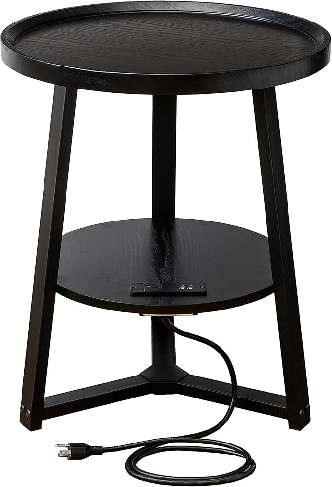 Round End Table with Charging Station, 19.7" Dia x 23.63" H, Side Table with Storage Shelf, Accent Table, for Living Room, Bedroom, Small Spaces, Metal Frame, Industrial Style (Black)