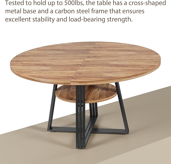 GarveeHome Round Dining Table for 4-6, 47.2" Farmhouse Kitchen Table with Storage, Circle Dinner Tables for Kitchen, Dining Room, Living Room, Meeting Room, Apartment, Retro