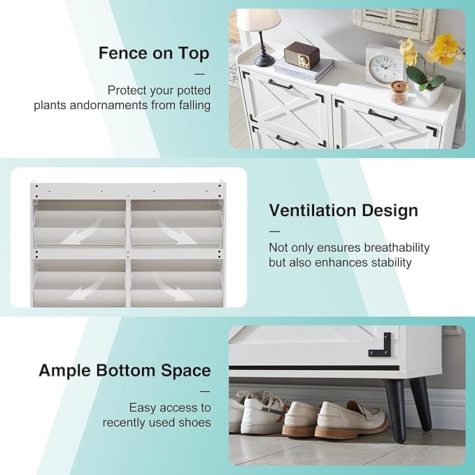 Shoe Storage Cabinet,Farmhouse Shoe Organizer with 4 Flip Drawers & Barn Door Design,Freestanding Hidden Slim Narrow Shoe Rack Cabinet for Entryway,Foyer,Hallway,Antique White