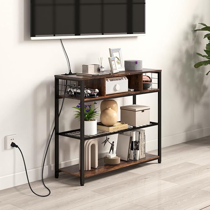 Console Tables with Charging Station, 4 Tier Narrow Sofa Tables with Storage Shelves, Entryway Tables with Outlet and USB Ports, Behind Couch Table for Living Room Hallway, Rustic Brown