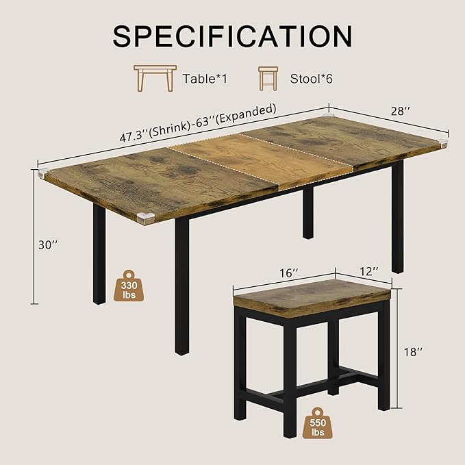 7-Piece Dining Table Set, 63" Extendable Kitchen Room Table with 6 Stools, Mid Century Modern Dinner Table with Metal Frame & MDF Board, Space-Saving, Easy Assembly, Rustic Brown