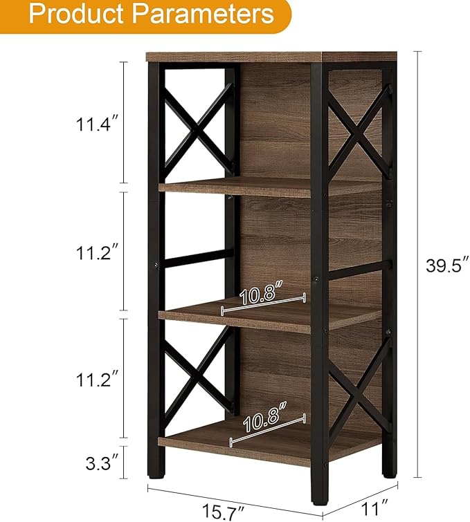 Small Bookshelf,4 Tier Industrial Bookcase with Metal Frame and Backboard,Narrow Rustic Brown Book Shelf,Book case for Small Spaces,Living Room,Bedroom and Home Office