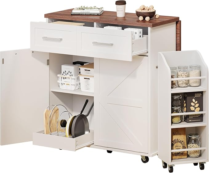 Ball & Cast Farmhouse Kitchen Island with Drop Leaf,Rolling Kitchen Cart on 5 Wheels W/Removable Side Racks and 2 Drawers,Kitchen Storage Cart W/Towel Rack,for Kitchen,Dining Room,White,47.2"