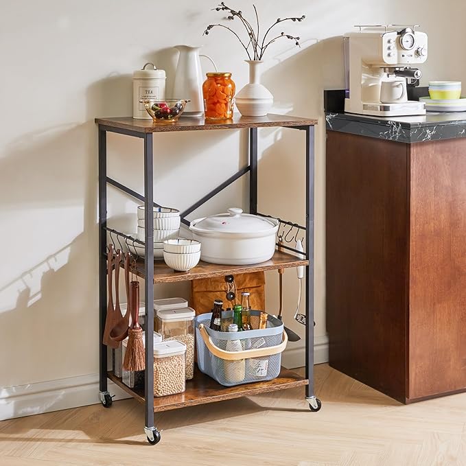 IBUYKE Kitchen Shelf Cart, 3-Tier Microwave Oven Stand, Baker’s Rack with Metal Frame and 8 Hooks, Industrial Printer Stand, Utility Standing Storage Shelf for Coffee Bar, Simple Assembly, TMJ023H