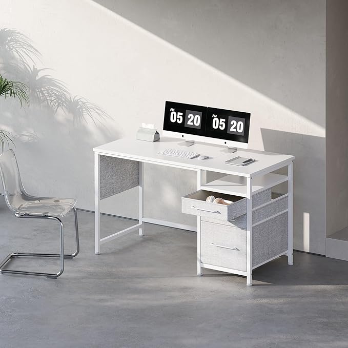 Ｍａｉｈａｉｌ Maihail Small Desk with Drawers, 47 inch Computer Desk with Shelves, Writing Desk with Storage, Small Office Desk with Metal Frame, White