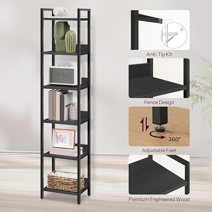 Bookshelf, 6-Tier Bookcase, Standing Book Shelf for Small Space, Storage Shelf Organizer, for Living Room, Bedroom, Study, Balcony, Black BKHB6601