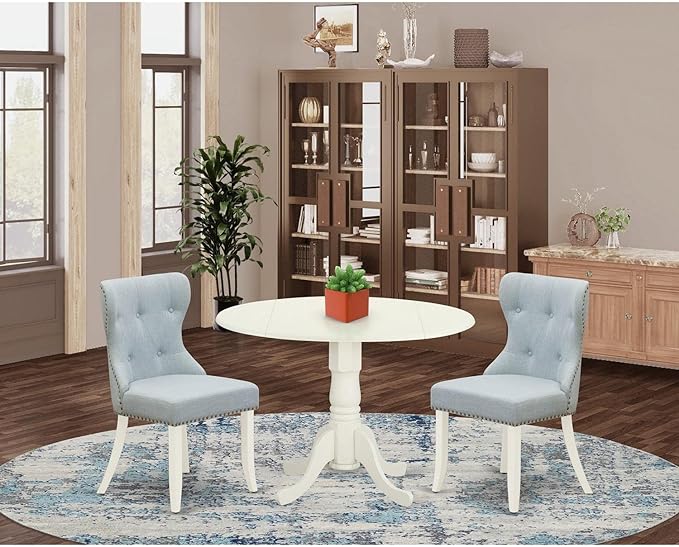 East West Furniture DLSI3-WHI-15 3 Piece Dining Room Furniture Set Contains a Round Dining Table with Dropleaf and 2 Baby Blue Linen Fabric Upholstered Chairs, 42x42 Inch, Linen White