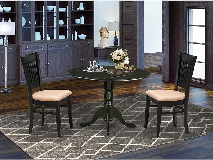 East West Furniture DLVA3-BLK-C 3 Piece Kitchen Table Set for Small Spaces Contains a Round Dining Room Table with Dropleaf and 2 Linen Fabric Upholstered Chairs, 42x42 Inch, Black
