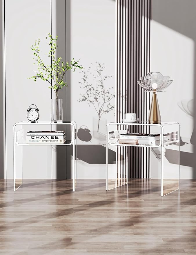 Clear Acrylic End Table 2-Tier Bedside nightstand for Living Room Bedroom Home Decor (Clear Double)