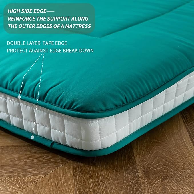 MAXYOYO Futon Mattress, Padded Japanese Floor Mattress Quilted Bed Mattress Topper, Extra Thick Folding Sleeping Pad Breathable Floor Lounger Guest Bed for Camping Couch, Turquoise, Queen