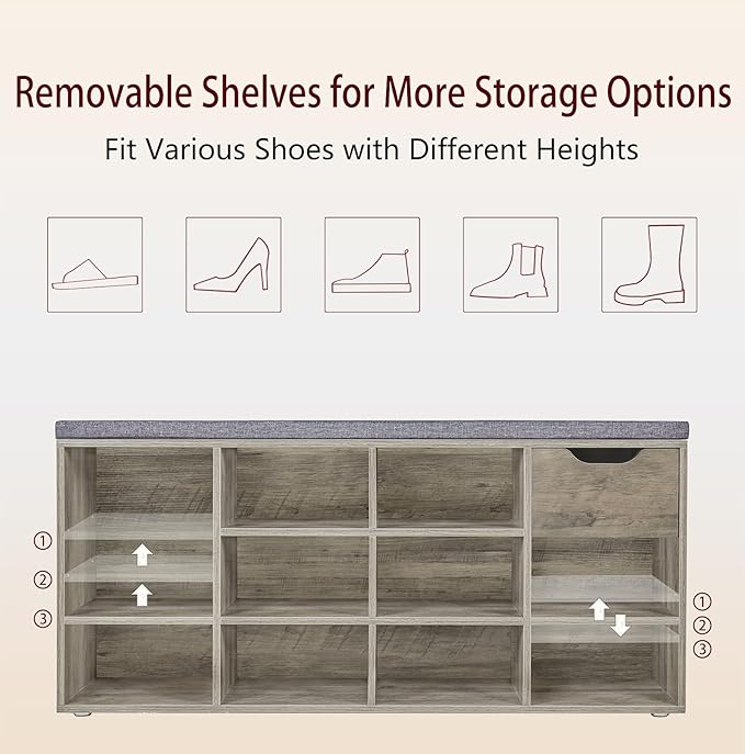 DINZI LVJ Shoe Bench, Entryway Storage Bench with Drawer and 11 Cubbies, Cubby Shoe Rack with Adjustable Shelves, Organizer Cabinet for Living Room, Mudroom, Closet and Garage, Gray Wash