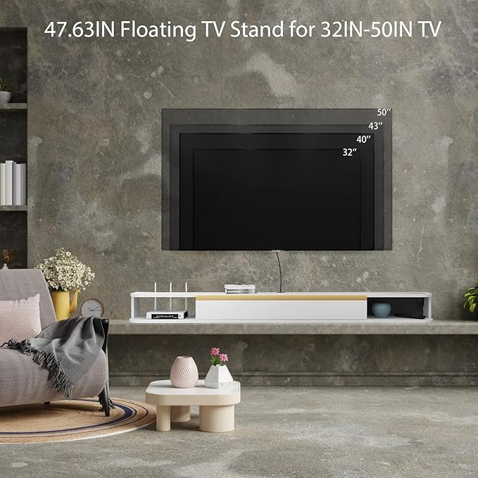 Floating TV Stand, 47'' Wall Mounted Entertainment Center TV Media Console, Floating Shelves with Door, Floating TV Cabinet Large Storage TV Bench for Living Room (White, 47.63IN)