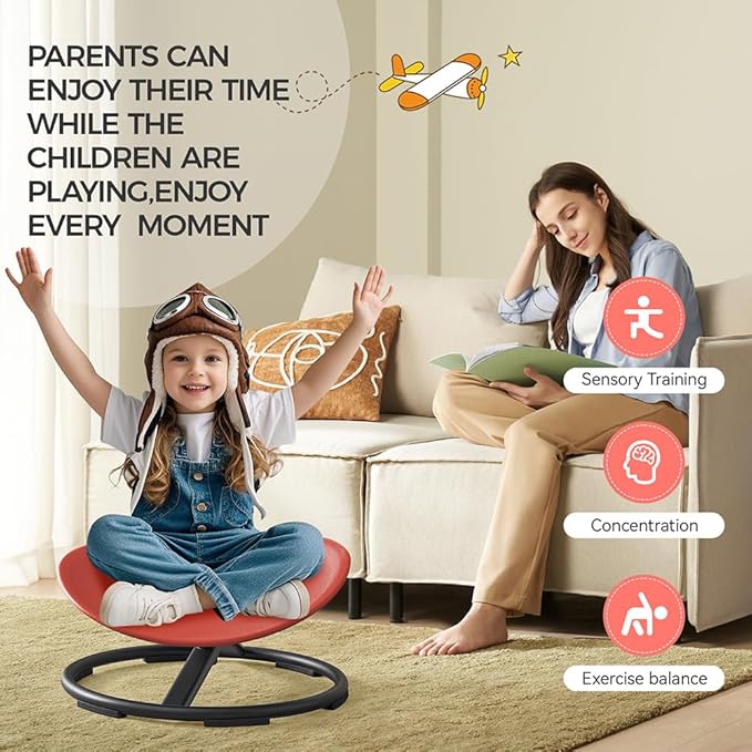 Swivel Chair for Kids, 360° Spinning Seat, Toddler Sit and Spin Wobble Chair, Sensory Balance Toys, Autism ADHD Chairs, Play Equipment Relief Motion Sickness for Boys Girls (Red)